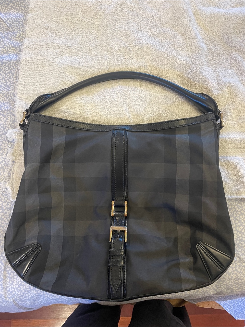 Burberry Black and Gray Check Hobo Shoulder Bag
